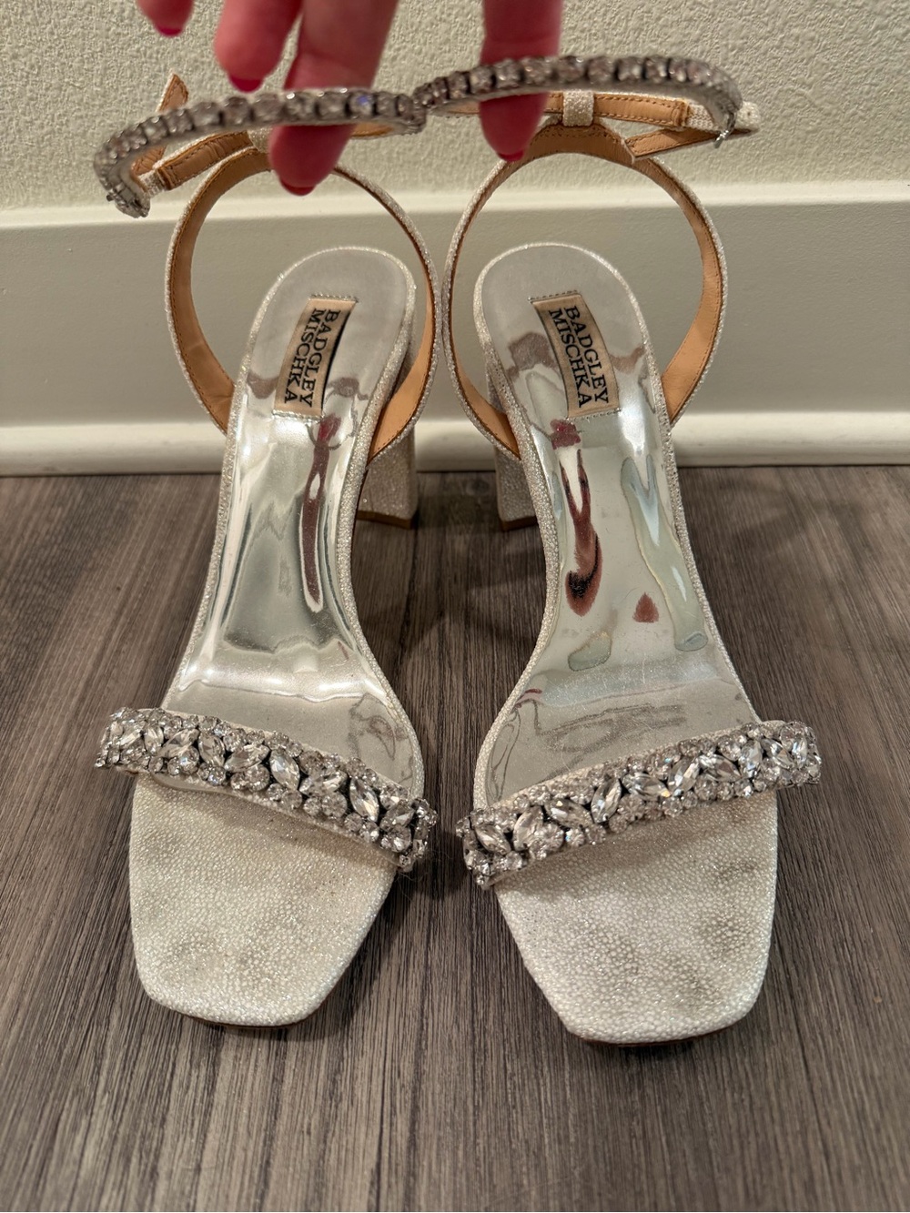 Badgley Mischka Silver Crystal-Embellished Block Heel Sandals